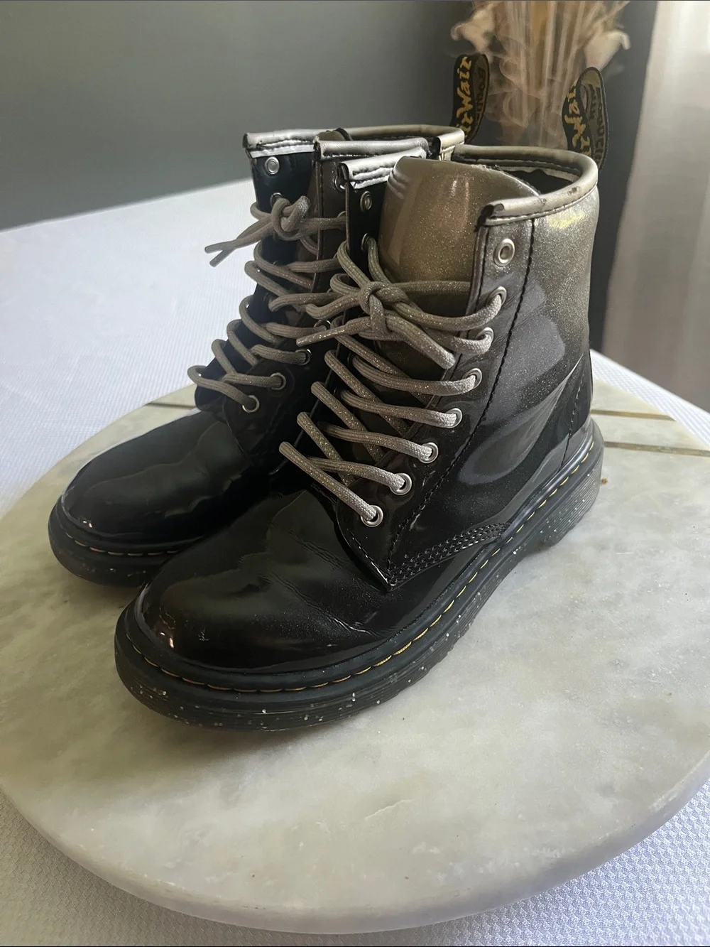 Dr. Martens Black Patent Kids Lace-Up Ankle Boots with Gray Laces